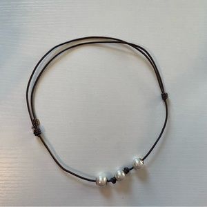 Majorica Pearl Necklace on Dark Brown Leather Necklace